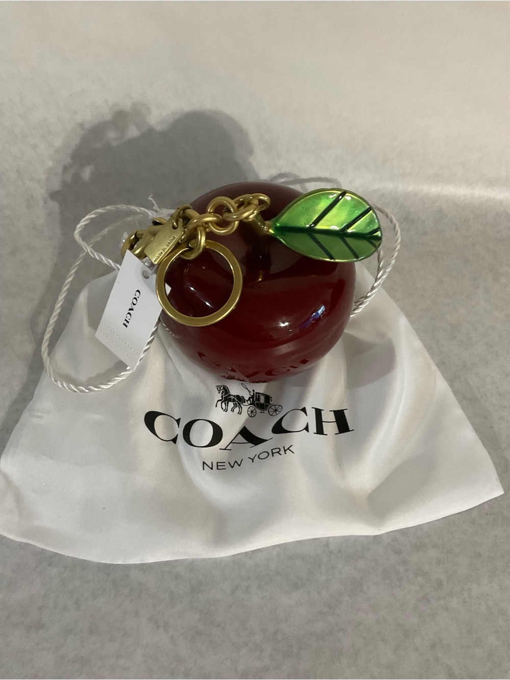 Coach Red Apple Key & Card Holder Charm with Green Leaf and Gold Hardware ,Large